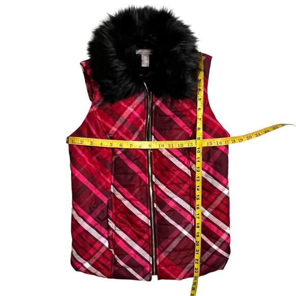 Chico's Plaid Puffer Vest 0 Small Removable Faux Fur Collar Red Holiday Zip Vest - Picture 11 of 11